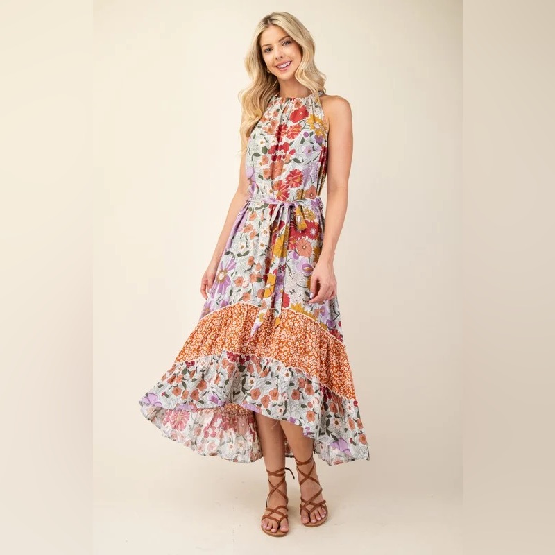 Sleeveless Floral Tiered High-Low Dress In Multi